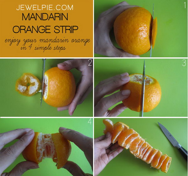How to peel an orange. It's a simple, quick, and fun way to peel your tangerine. With a couple of clever knife cuts, you can peel and eat an orange without dripping juice over your hands. 