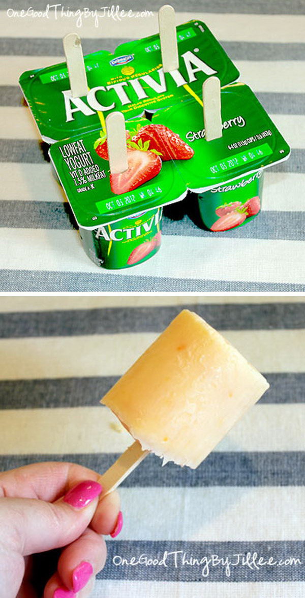 Make your own yogurt pops. Put a wooden spoon in yogurt. Freeze it and enjoy frozen yogurt pops 