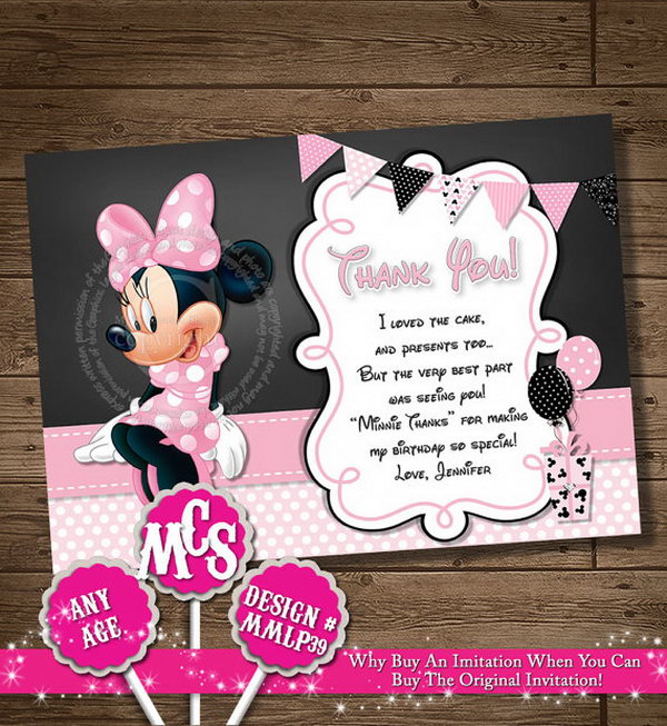 It's time to say goodbye to all of your guests and say thank you with this personalized thank you card from the Minnie Muse. You will be happy to see this with the adorable Mickey mouse head.