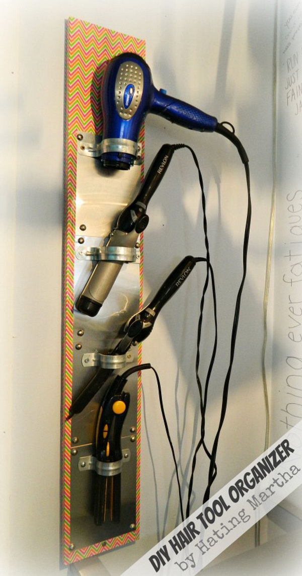DIY hair tool organizer. Do it yourself as a hair tool organizer and avoid the mess of cords.   