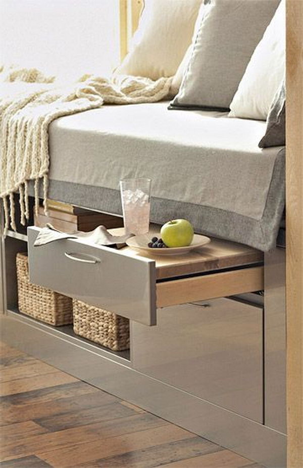 Combine your bed with additional storage space and even a pull-out shelf for breakfast in bed. 