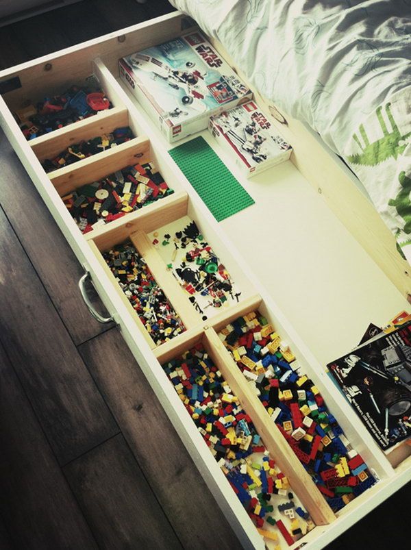 Set up a Lego storage unit on casters to roll under the bed. Sorting and storing these small building blocks will be so easy.  