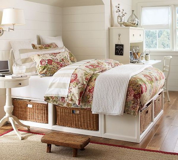 Wicker Under Bed Storage. The wicker baskets under the bed are a cool idea to hide the clutter in a very neat way. 