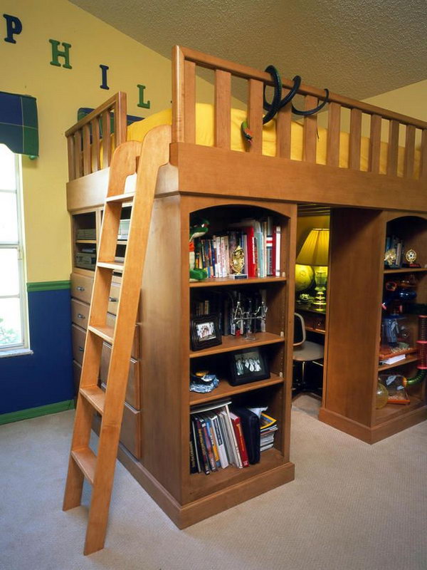 Double bed with storage space. The space under the attic can be used for additional storage space and work area. It's a cool idea for children's rooms.  
