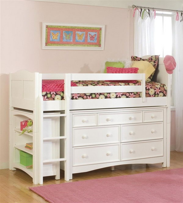 Maximize space with the Wakefield bookcase and 7-drawer chest under the loft bed. A cute bedroom storage idea for kids. 