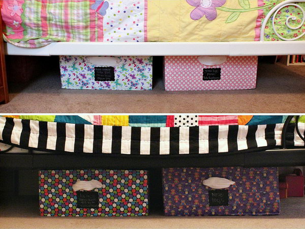 DIY under bed bins. Make some storage compartments under the bed out of cardboard and colored tape. It's a great DIY solution for children's rooms if you have moving boxes left over from a move or found some. 