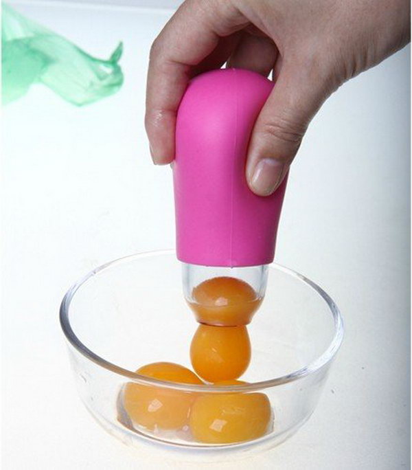 Round silicone egg yolk separator. The kitchen appliance must be a must to separate egg yolk from protein. Simply place it over the yolk of an already cracked egg, squeeze and release the silicone chamber to soak the yolk in.