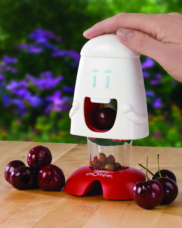 Cherry pitter. Just put a cherry in your mouth and press it on the head. The plunger pushes the pit and juice into a container underneath, leaving the pure fruit that can be used for desserts, salads, and more.