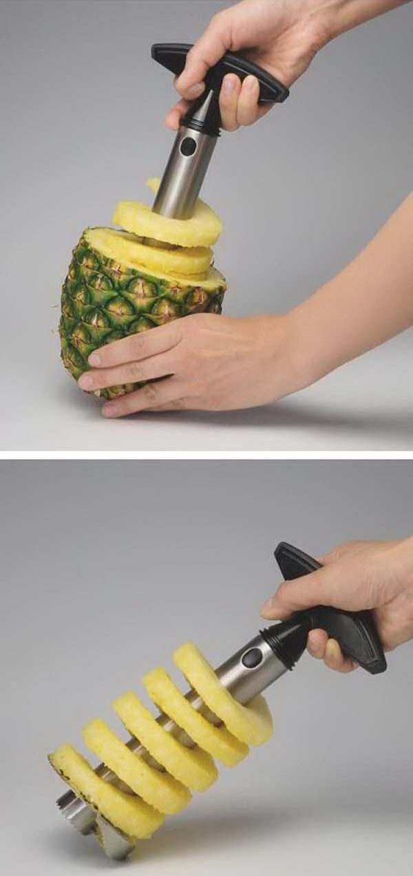 Simple pineapple cutter. A creative kitchen device that allows you to peel, core and slice a pineapple in seconds. Slide the slicer over the core, turn it down and pull it out. 