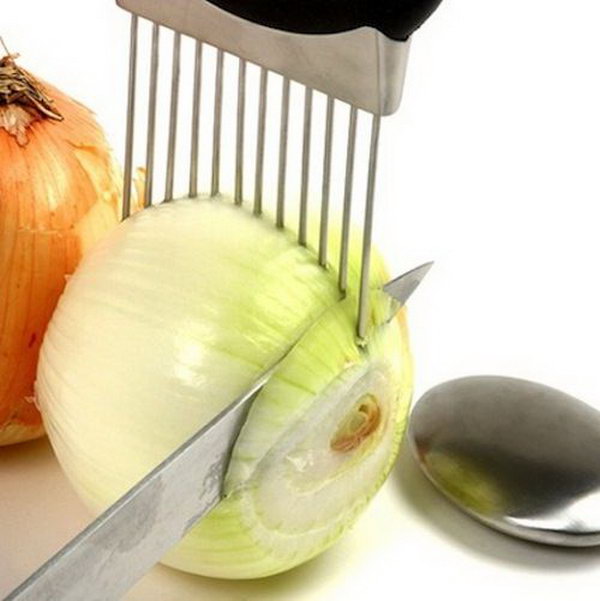 Onion holder. Now you no longer have to worry about cutting your fingers off. With this kitchen device you can create straight and even slices from one end of the onion to the other. 