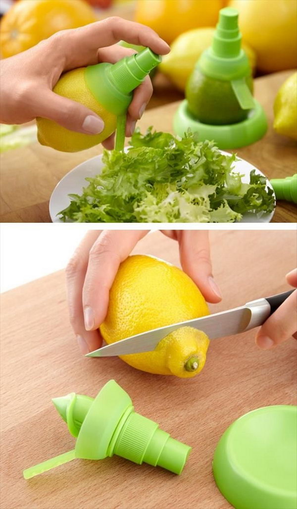 Citrus sprayer. No more cutting and squeezing to get the juice out like an ordinary cook. Attach this sprayer to any lemon or lime and you have citrus juice on hand. 