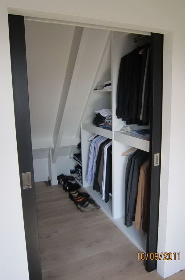 Closet storage under a sloping roof. When you turn your loft into a living space, you include some storage space in your design. Create your attic cabinet according to the layout of the attic space.