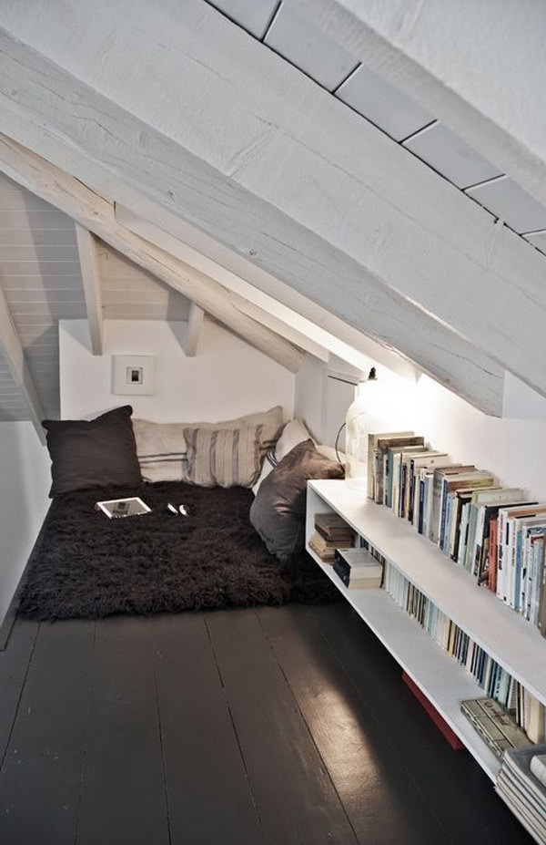 Loft bookshelf storage. Fill the unused attic with books. Create a cozy home library for your small room.