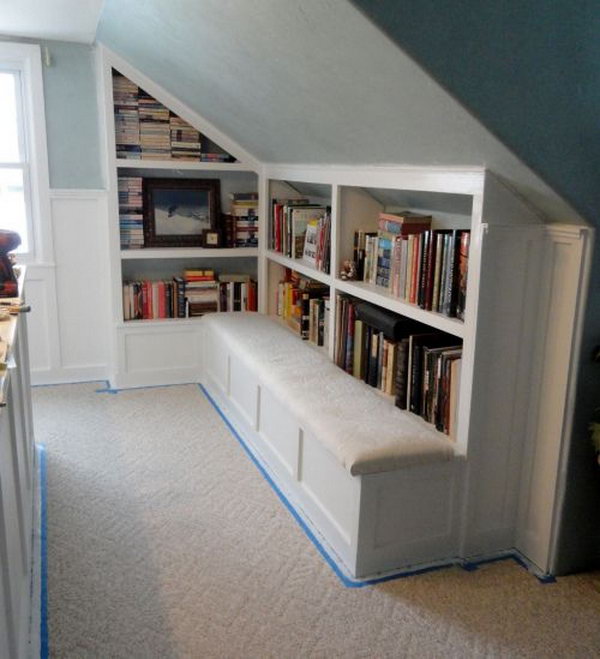 Attic book storage idea. Fill the unused attic with books. Create a cozy home library for your small room.