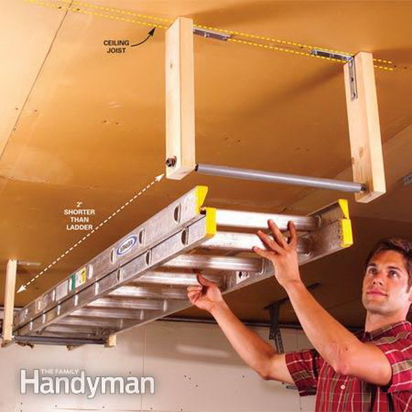 Overhead garage storage for ladders. Build a simple rack to hang a ladder on your garage ceiling.  