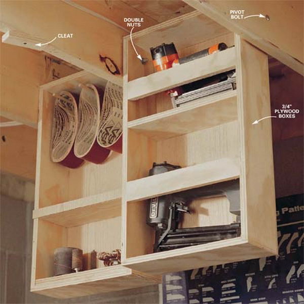 Garage ceiling drawers. It is best to hang the storage between the ceiling beams. Fold down the drawers to be available while you work and put them out of the way when you are done. 