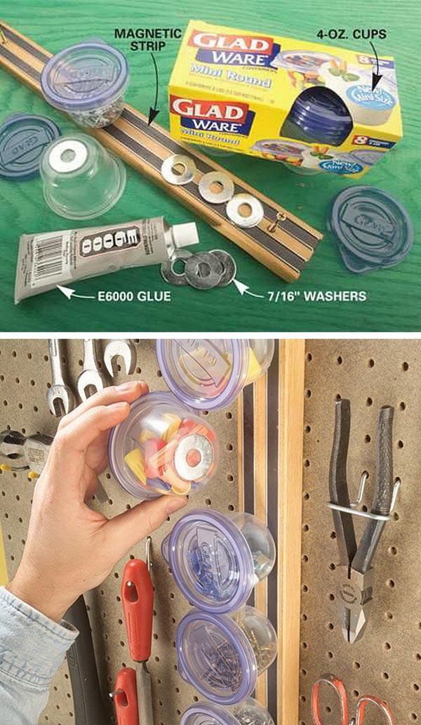 Magnetic mini memory on the wall. Create a wall organizer with cups, some glue, and some magnetic strips. Keep all small screws, earplugs, nuts and washers in order. 