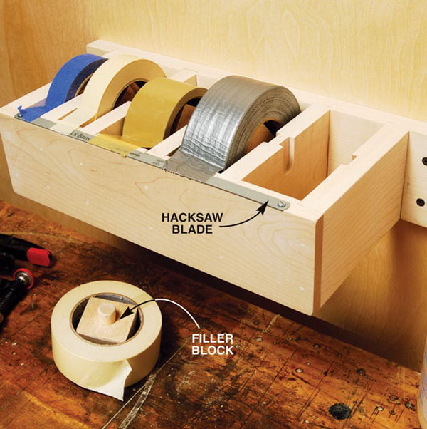 Tape dispenser. Tired of rummaging in a drawer to find the tape you want? Create a dispenser that is wall-mounted and organizes your tapes. 