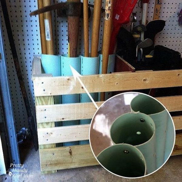 Upright tool storage with PVC pipes. Connect large pieces of PVC pipe with screws and keep all of these bulky garden tools. 