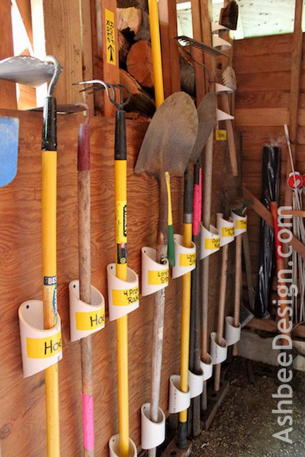 PVC Pipe Garden Tool Organizer. Use PVC pipes to keep your lawn and garden tools out of the way and still be easily accessible. 