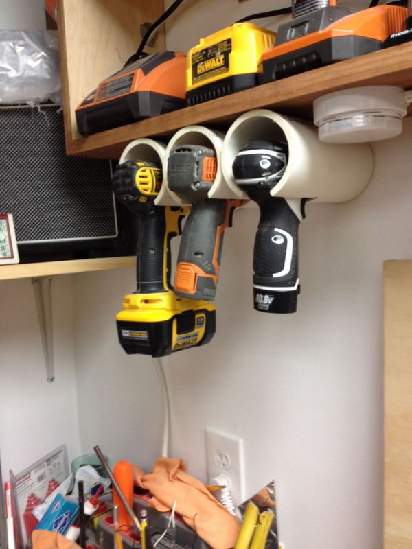 PVC drill holder. Tired of losing your drills or power tools in the garage? PVC pipes can solve this problem. 
