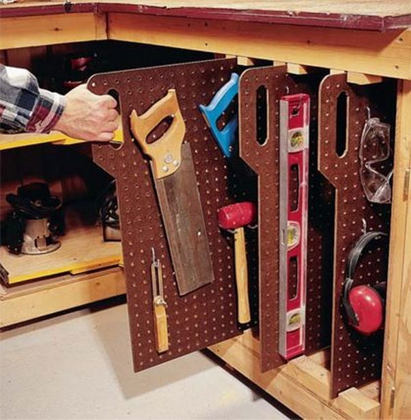Peg board foils. Use breadboards to store your tools vertically under the counter. These small holes allow you to select specific areas for each hook or basket and ensure that you have enough space for each item. 