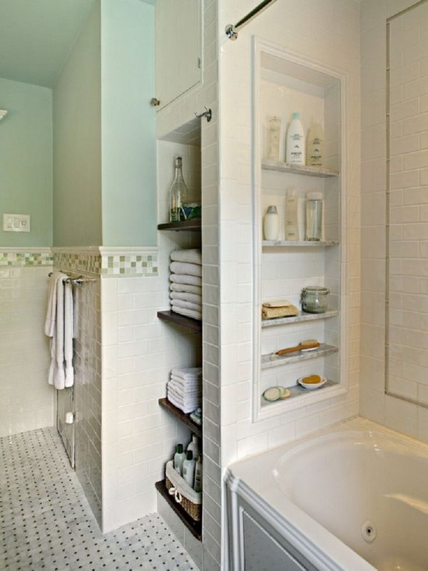 Bathtub with storage niches. Place a few niches between the studs for shampoo, body wash, soaps, etc. 