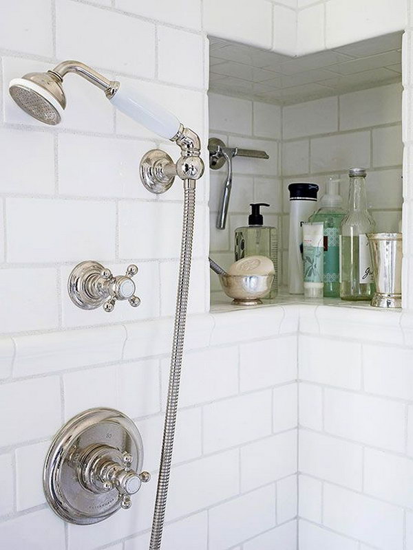 Shower corner around the corner. It's a clever idea that provides extra space for shampoos, soaps, razors, and other necessities. 