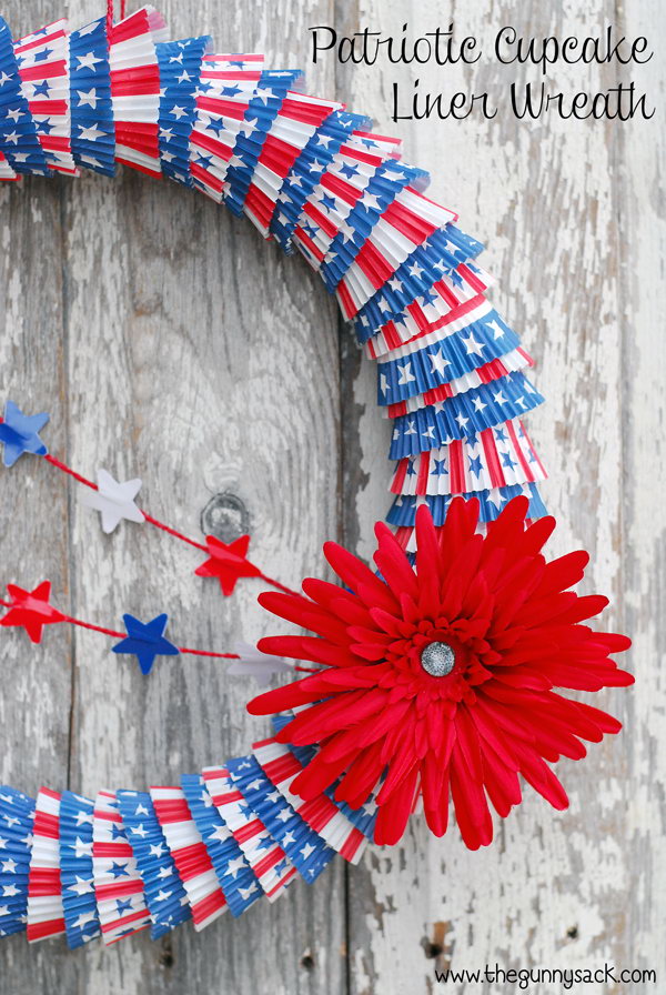 A patriotic red, white and blue cupcake liner wreath that can be used for both Memorial Day and July 4th. 