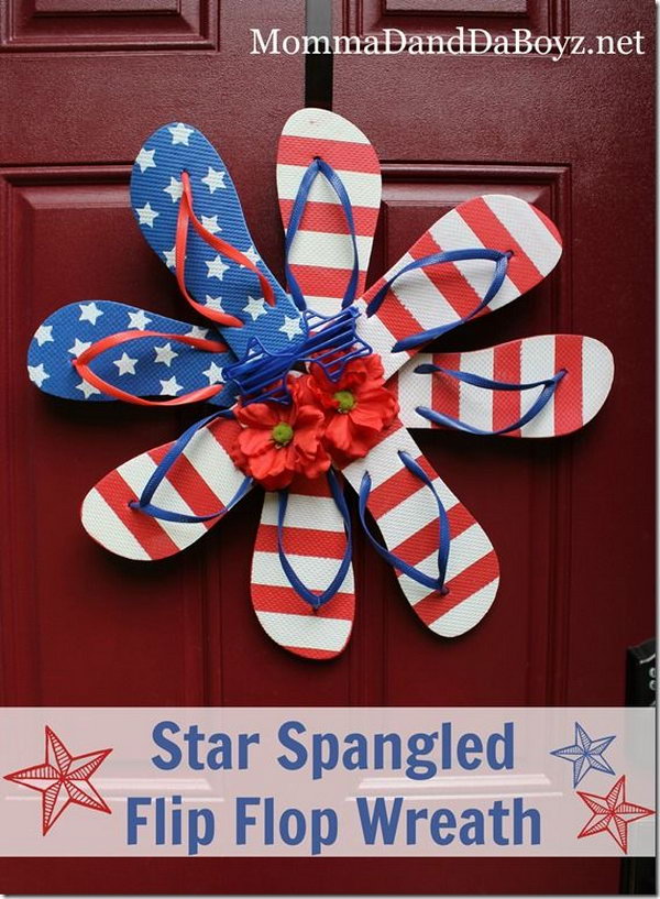 Star spangled flip flop wreath. A cute idea for patriotic holiday decor, summer door sign, and party door decor. 