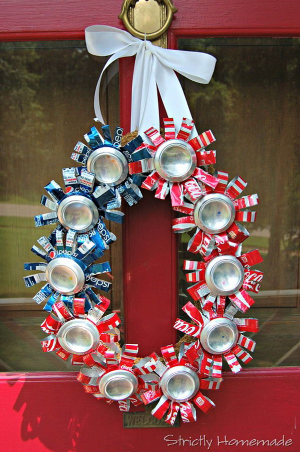 July 4th Recycled can wreath. A beautiful wreath made from recycled beverage cans. Cool idea for patriotic vacation. 