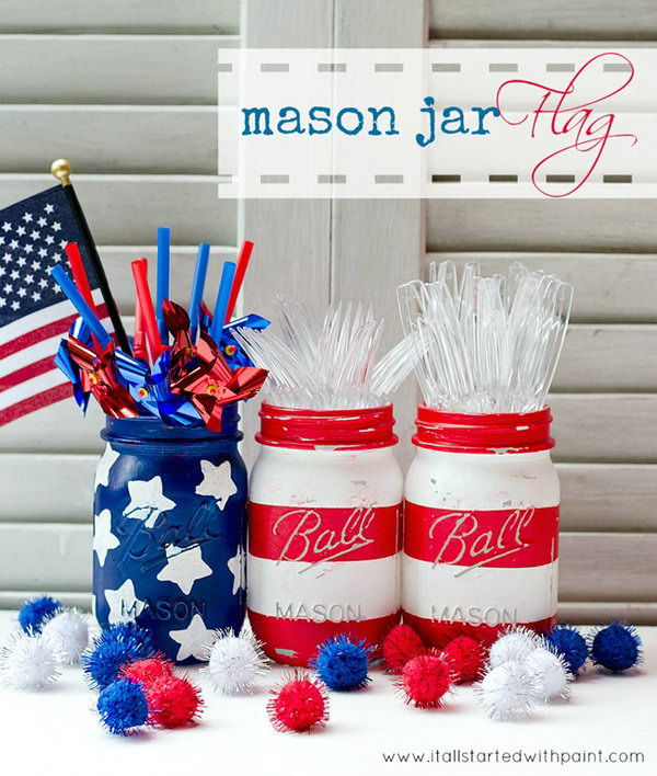 Red, white and blue mason jars. Put these three painted mason jars together in an American flag. They would be nice as a holder for flowers or other things. 
