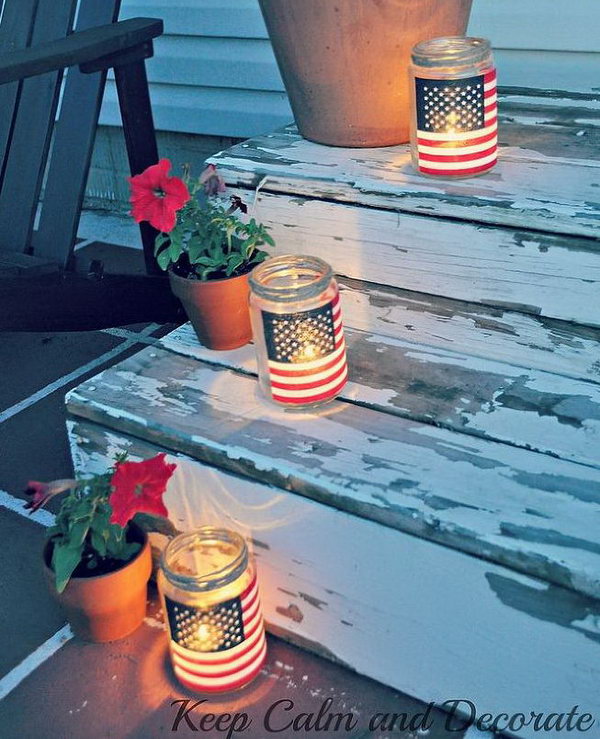 Simple patriotic lights. Great idea and so easy and cheap. You look so pretty at night. 