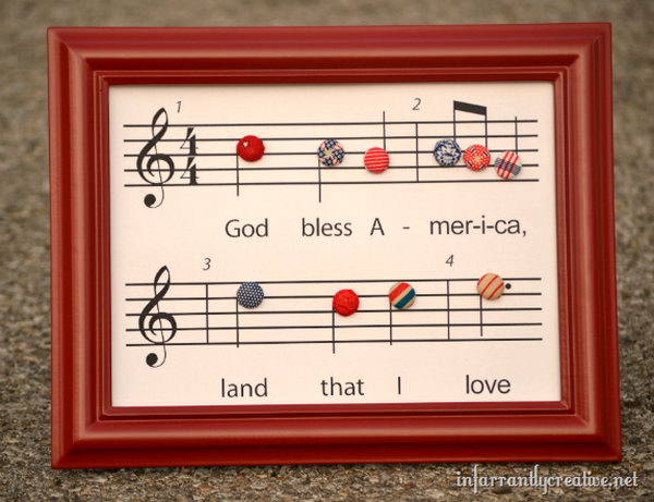 Patriotic craft: God bless America to print. God Bless America music card with fabric buttons. What a cool patriotic project idea. 