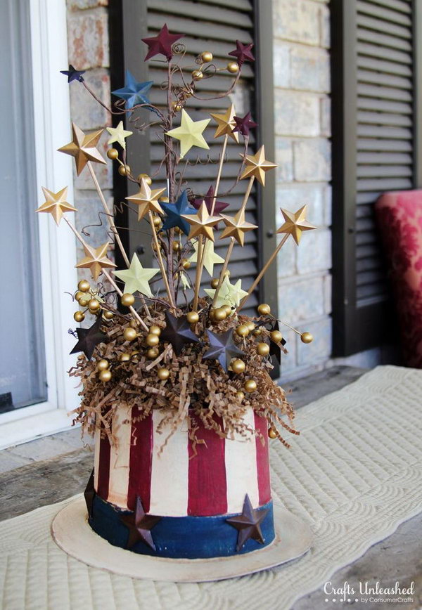 Uncle Sam's centerpiece. Use the paper mache cylinder and other decorative elements to create an Uncle Sam centerpiece for July 4th. 