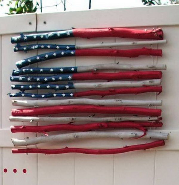 DIY stick flag. A sweet idea to hang this branch flag on the front door for July 4th.  