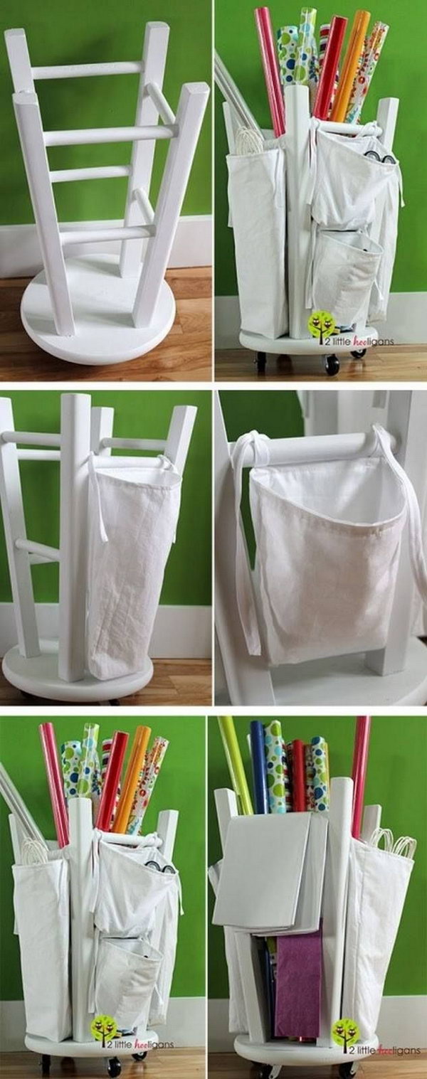 What a great idea to turn an old stool upside down as an organizer for wrapping paper. Screw the coasters into the top of the stool. Tie canvas bags to the outer legs and fill the inside. 