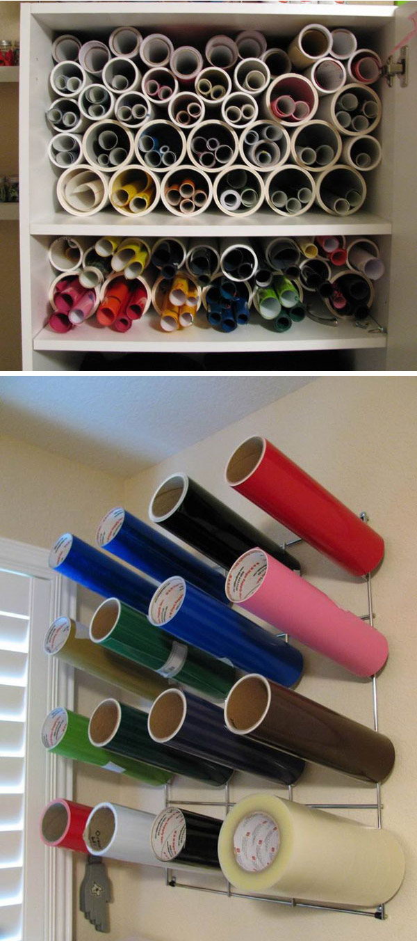 Cut off the PVC pipe to hold vinyl and paper rolls. This is an inexpensive and easy way to store vinyl and wrapping paper so it doesn't get wrinkled or damaged. 