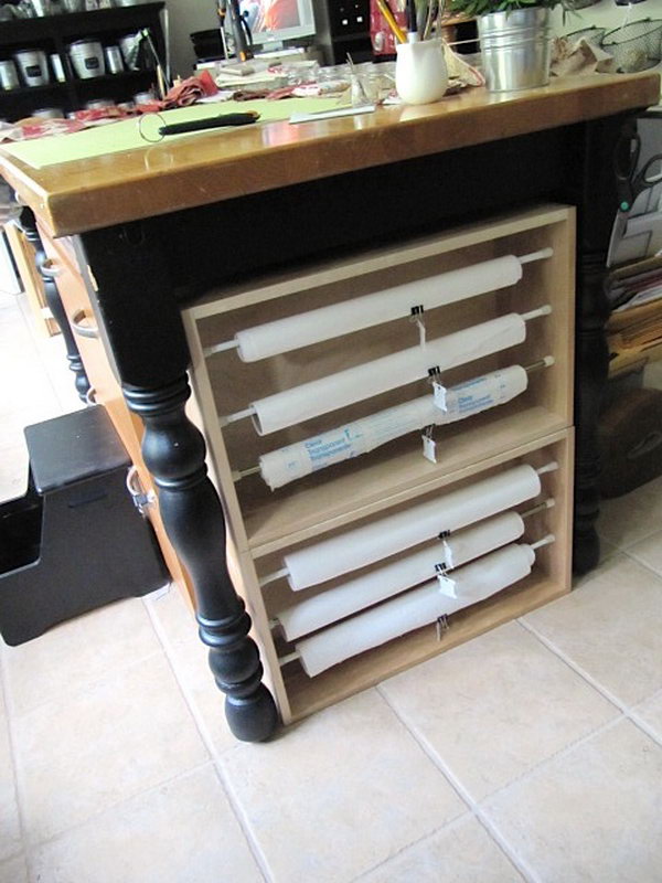 Build paper roll organizers with tie rods and old drawers that fit between the table legs. Label your rolls so you can see what is what. 