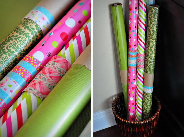 Wrap open rolls of brown paper with a toilet paper roll and prevent them from unrolling anywhere. You can also glue some washi tape over the roll to cover up the ugly cardboard. 
