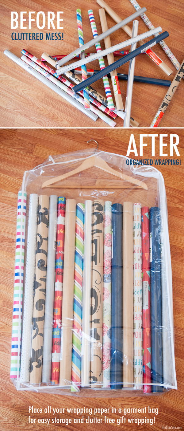 A garment bag keeps your wrapping paper tidy. Place them either under the bed or in a closet and prevent the paper rolls from unwinding and tearing. 