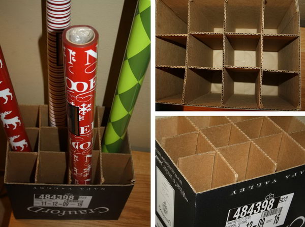 Use a wine box to store wrapping paper rolls and keep them clean. It fits perfectly in any closet or small room. 
