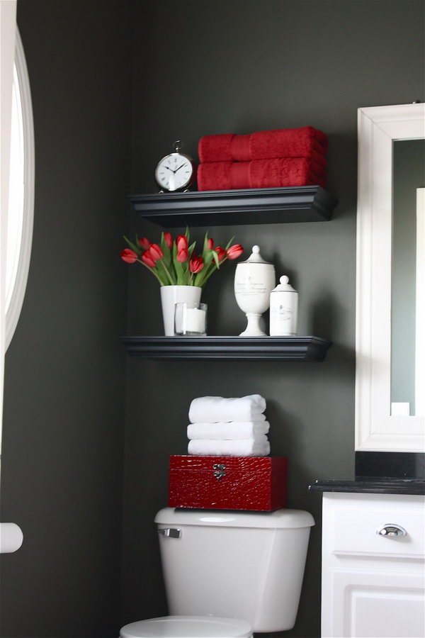 Floating shelves were installed above the toilet for additional storage. It is filled with bathroom accessories and a few pretty things and also serves as an inviting display. 