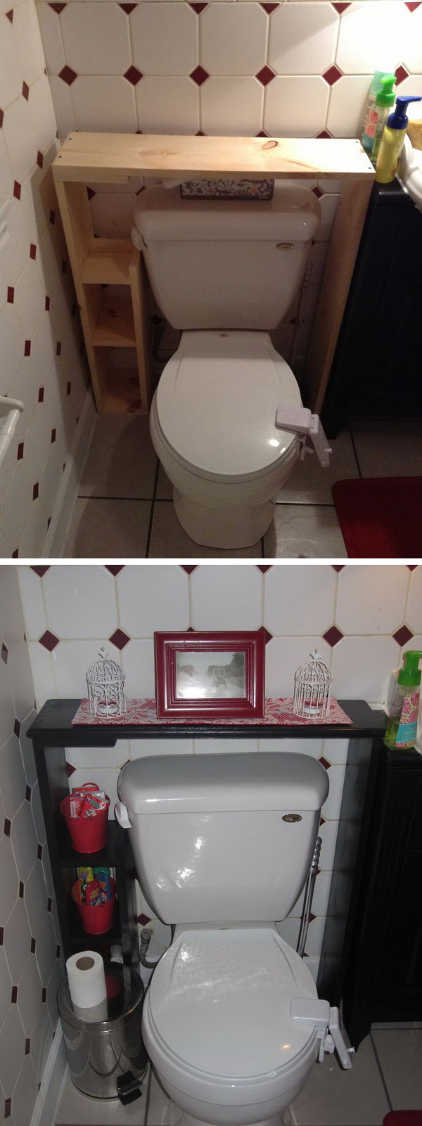 This DIY shelf above the toilet offers more storage space and ensures that the bathroom feels more open. It is easy to manufacture and costs less than the price of a new closet. 