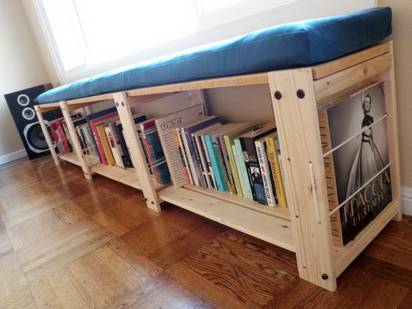 Turn an IKEA Gorm shelf into an elegant bench for books and DVD storage. 