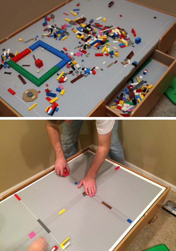 Convert your train table into a LEGO table. The best thing about this upgrade is that the insert sits on top of the table so it can be removed and used as a pull table at any time. 