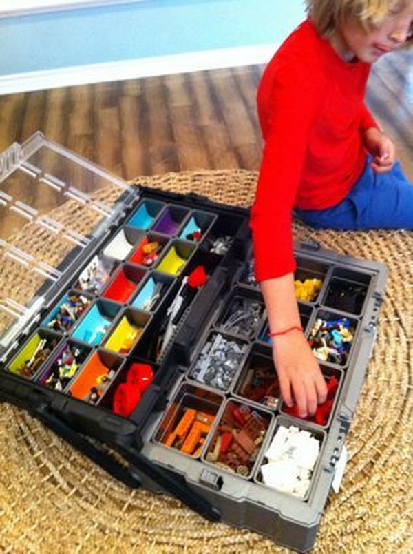 Use a tool box as a portable Lego organizer. The removable containers make cleaning and sorting easier. 