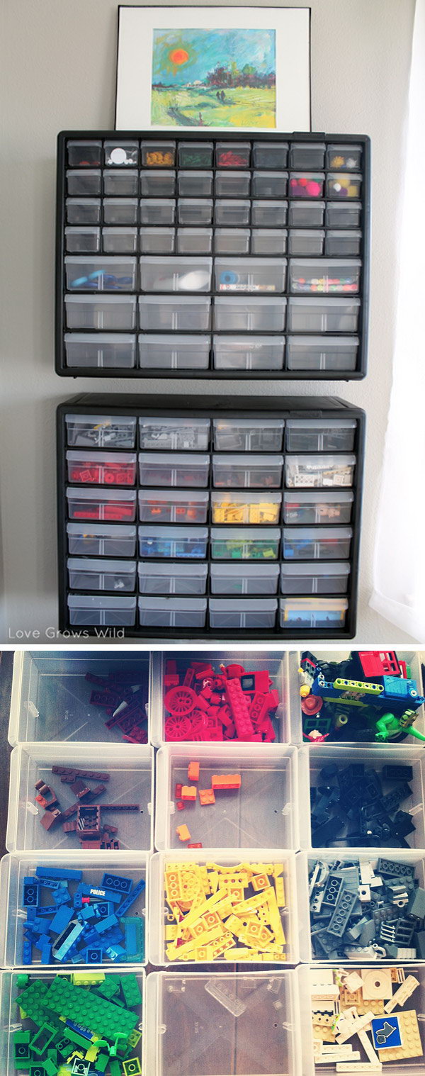 Place the organizer on the wall with drawers. Keep all Lego parts sorted by color. 