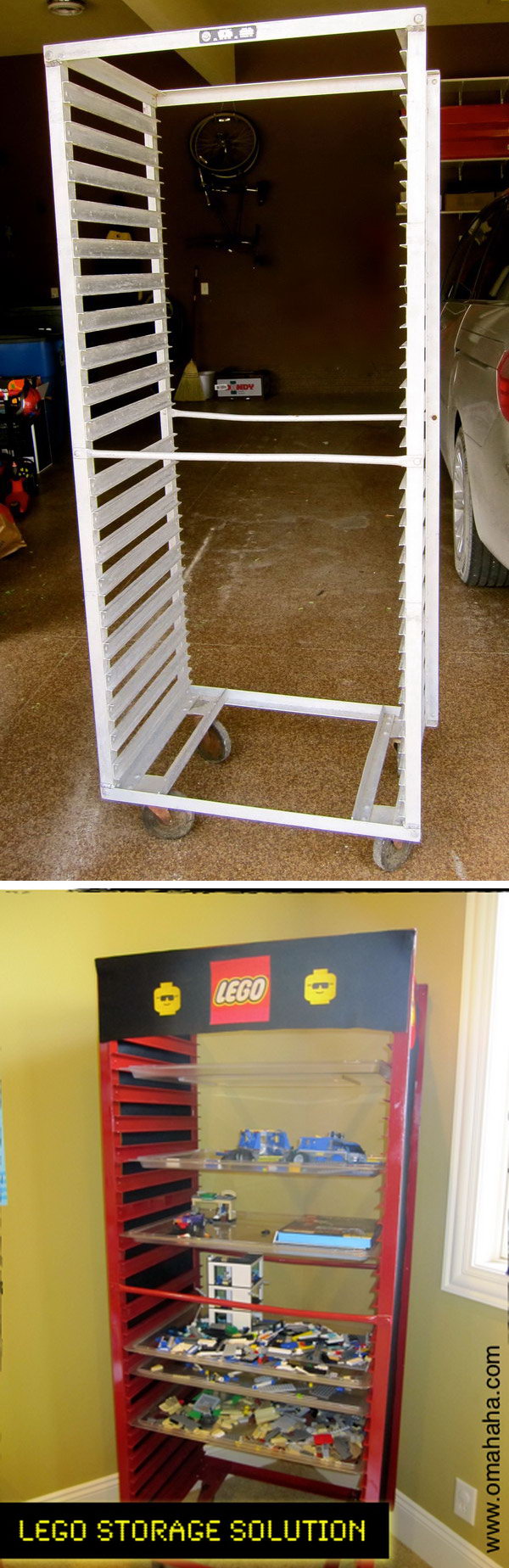 A LEGO storage from a bread pan stand. Children can stack their work in progress on a tray and slide it into the frame. 