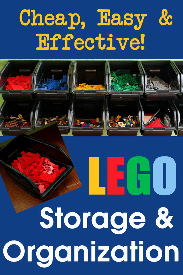 Inexpensive and simple LEGO Storage Organizer. Use the metal rail to hang these black plastic containers on the wall. The containers are removable from the rail so children can easily remove them and find what they're looking for. 